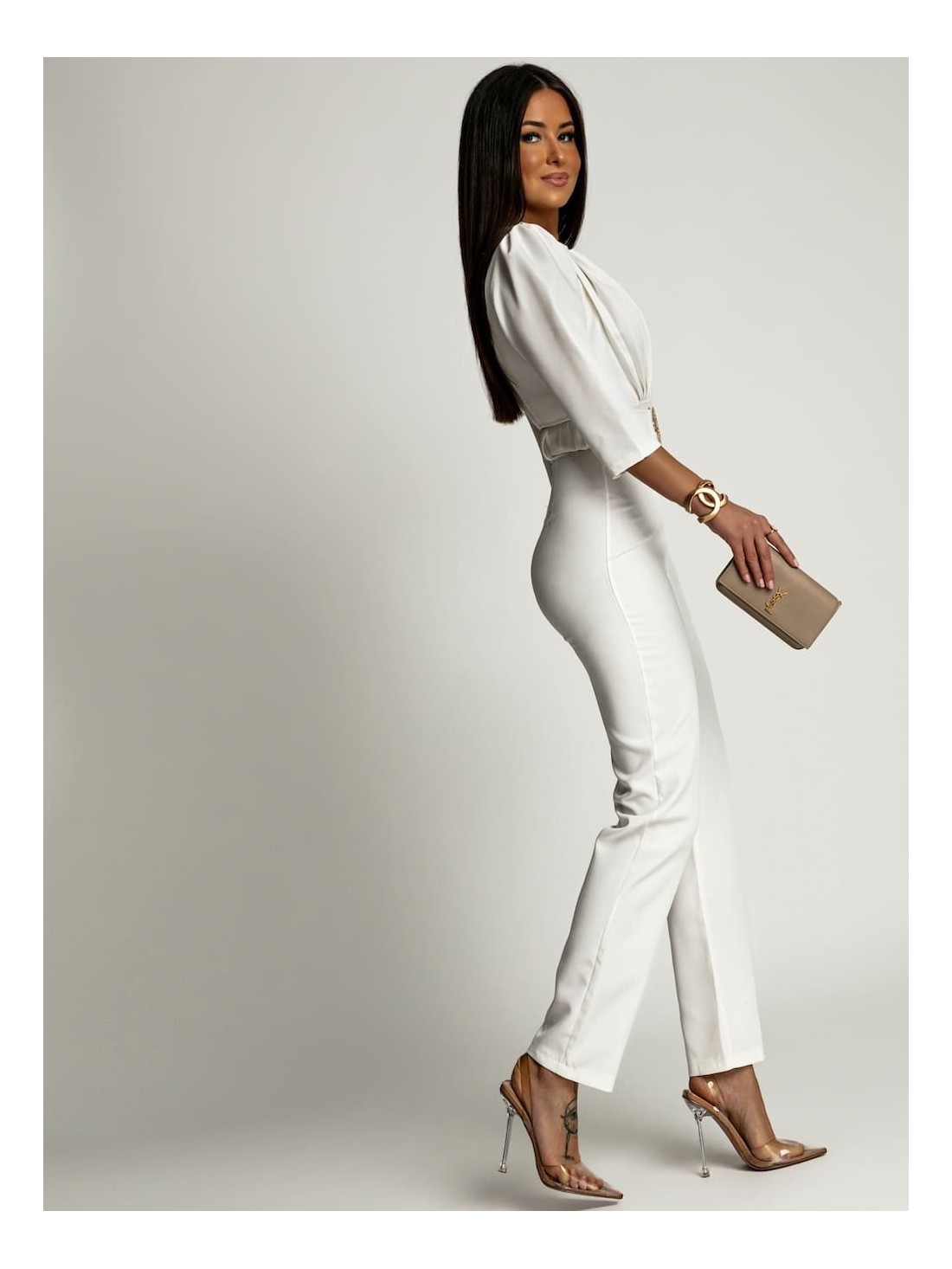 Elegant jumpsuit with a pleated top, white AZR248040